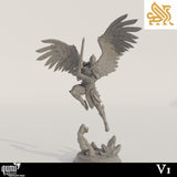 Close up of an angel warrior miniature in mid-air flying pose holding a sword