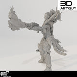 Seitenansicht einer Paladin-Miniatur mit detailreicher Rüstung, die eine brennende Waffe abfeuert.