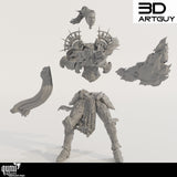 Unmontierte 3D-gedruckte Einzelteile der Paladin-Miniatur inklusive Kopf, Rumpf, Beinen und Feuer-Effekt.