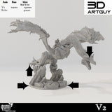 Gepanzerter V2 Drache mit Größentabelle und Pfeilen für Modellabmessungen und Basis.