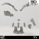 Einzelteile des V2 Drachenmodells, inklusive Flügel, Kopf, Reiter und Fels-Basis.