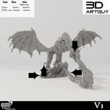 Gepanzerter V1 Drache mit Größentabelle und Pfeilen, die auf die Basis und Montageteile zeigen.