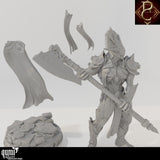 Unmontierte Resin-Einzelteile der Aruges Miniatur inklusive Axt, Umhangstücken und Base.
