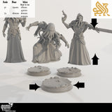 3D-Render von drei tentakelköpfigen Figuren mit Größentabelle und strukturierten Rundbases.