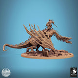 Side profile of the skeletal dragon wyvern with a rider mounted on its back, posed for battle.