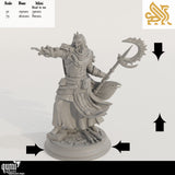 Graue Harzminiatur eines Magiers mit Stab, inkl. Größentabelle und Basisdetails.