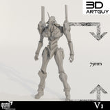 Stehende, graue Roboterminiatur mit eingezeichneter 75-mm-Höhenskala.