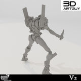 Rückansicht der grauen, mechanischen Roboter-Miniatur mit Schulterpylonen und Rüstungsdetails.