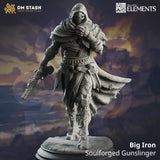 Soulforged Gunslinger 3D-printed resin miniature in a hooded cloak holding a firearm