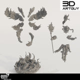 Einzelteile der 3D-gedruckten Magier Figur inklusive Flügel, Oberkörper und Standfuß.