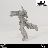 Side profile of a grey resin warrior miniature with long bladed claws and a jetpack, mid-stride pose.