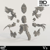 Digital render of unassembled miniature parts including torso, head, helmet, wings, and clawed arms.