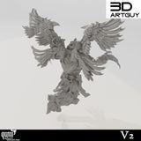 Rear view of a winged space warrior miniature in a dynamic flight pose with ornate mechanical wings.
