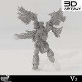 Rear view of the winged soldier miniature showing the mechanical wing detail.