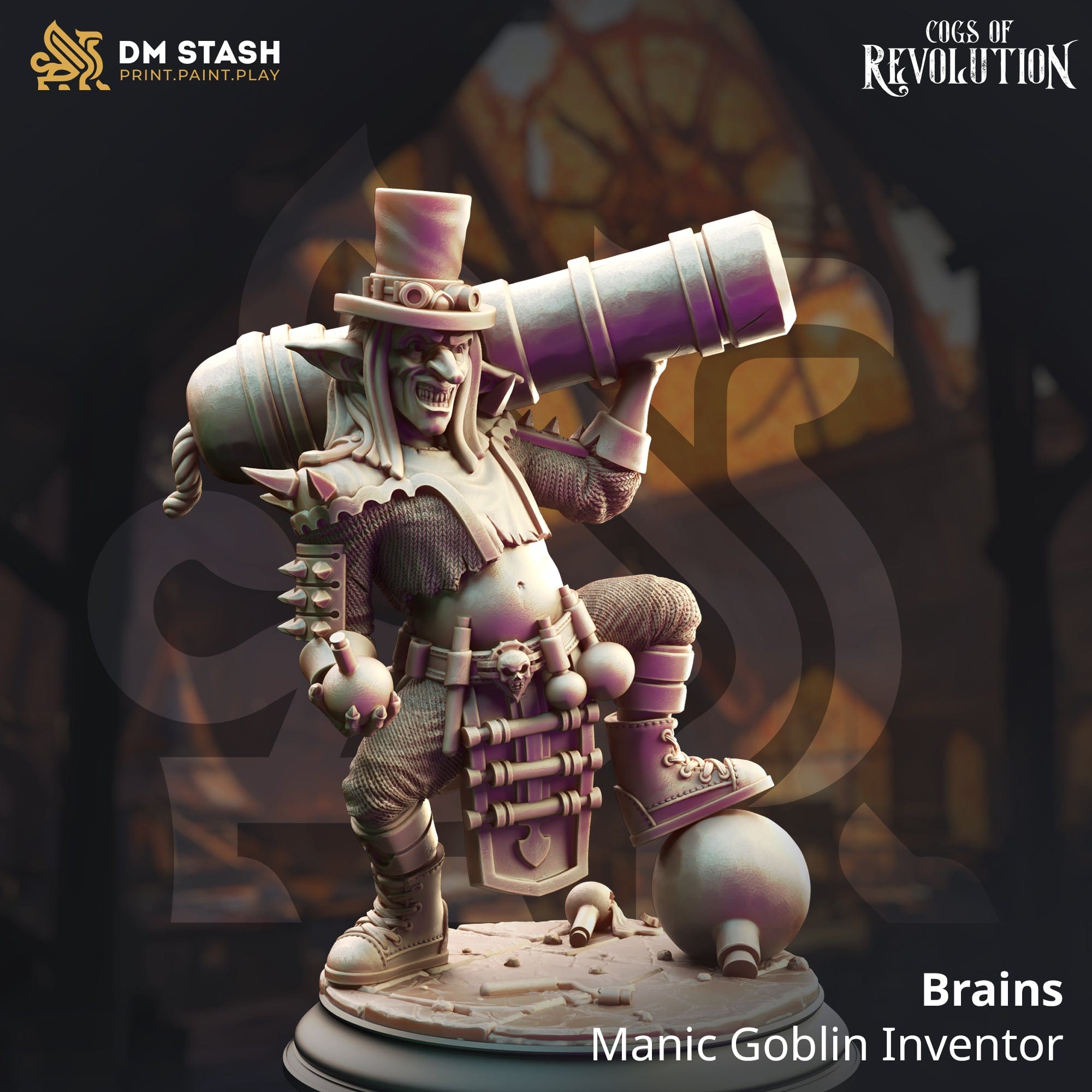 Tabletop RPG Miniature Brains - Manic Goblin Inventor 32mm 75mm Qumi DM Stash Quality Miniatures - Qumi Wargaming Mini Model Figure