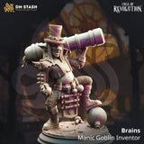 Resin 3D-printed miniature of a manic goblin inventor holding a cannon and bomb on a round display base