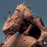 Close-up view of the dragon head and upper body showcasing intricate wood-like textures and layered bark details.