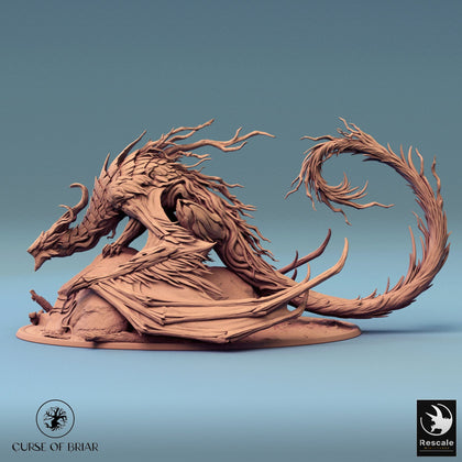 Side profile of the organic, wood-textured Briar Dragon miniature in high-quality resin.