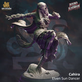 Cahira the Elven Sun Dancer 3D-printed resin miniature in a dynamic dancing pose on a rocky base