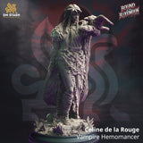 Celine de la Rouge vampire rogue miniature featuring an intricate cloak and raven companion, finished in high-quality resin.