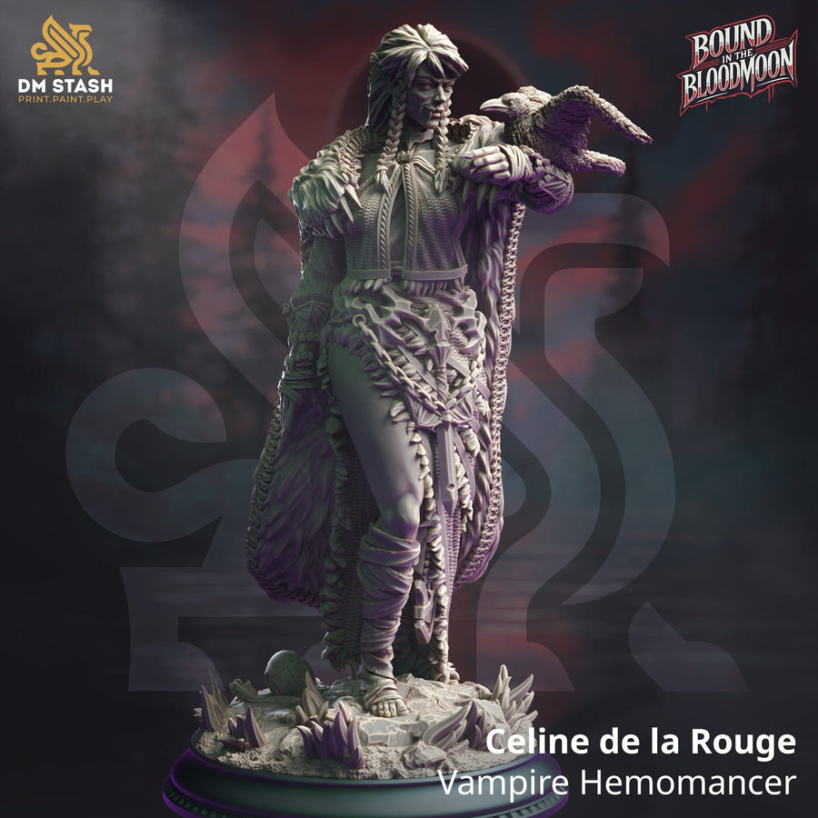 Celine de la Rouge vampire rogue miniature featuring an intricate cloak and raven companion, finished in high-quality resin.