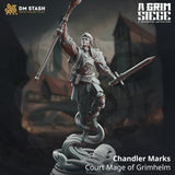 Resin 3D-printed miniature of a human court mage floating on magical energy with staff and sword