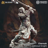 3D-printed resin miniature of Charnuk, a colossal knight in dynamic combat pose wielding a massive axe.