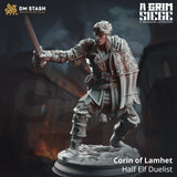 Resin miniature of a half-elf sword fighter standing in a dueling pose, unpainted and gray