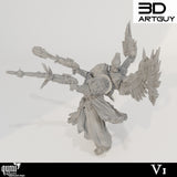 Seitenansicht der 3D-gedruckten Figur mit mechanischen Flügeln und feinen Rüstungsdetails