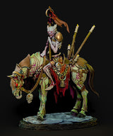 Fully painted fantasy miniature of a skeletal mounted fighter with glowing red eyes on a textured base