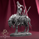 Unpainted 3D-printed resin miniature of a skeletal fighter riding a rotting horse with banners