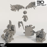 Explosionsansicht mit allen separaten 3D-gedruckten Harzteilen des Dioramas