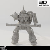 Rückansicht der Mech-Miniatur mit detaillierten Triebwerken und Panzerungsdetails.