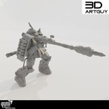 Seitenprofil des Sci-Fi Mech-Modells beim Zielen mit dem schultermontierten Raketenwerfer.