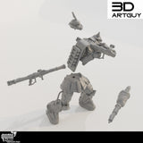Explosionsansicht des Resin-Bausatzes mit Kopf, Torso, Beinen und Waffenteilen des Roboters.
