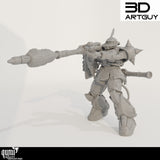 Vorderansicht einer 3D-gedruckten Sci-Fi Mech-Miniatur mit schwerer Projektilwaffe.