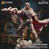 3D-printed human gunslinger miniature featuring intricate gear details and a mechanical weapon in a dynamic firing pose.