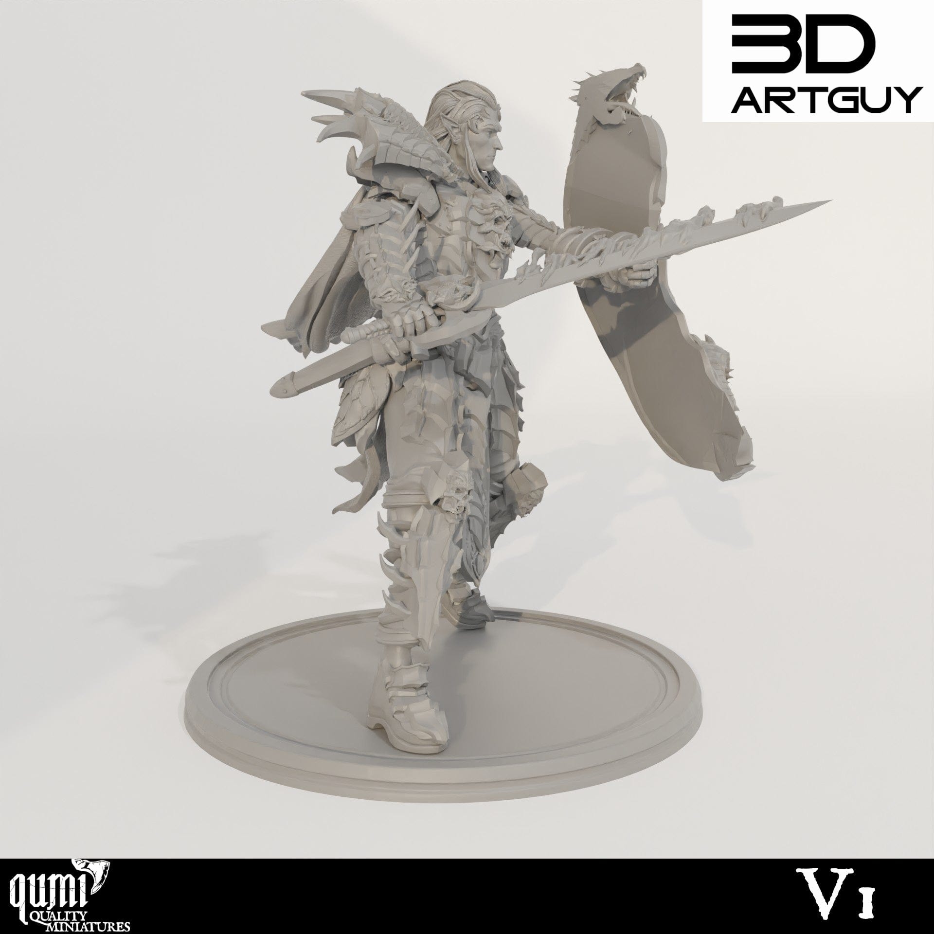 Tabletop RPG Miniature Dark Elf Warlord - 32mm Qumi - 3D ArtGuy Quality Miniatures - Qumi Wargaming Mini Model Figure