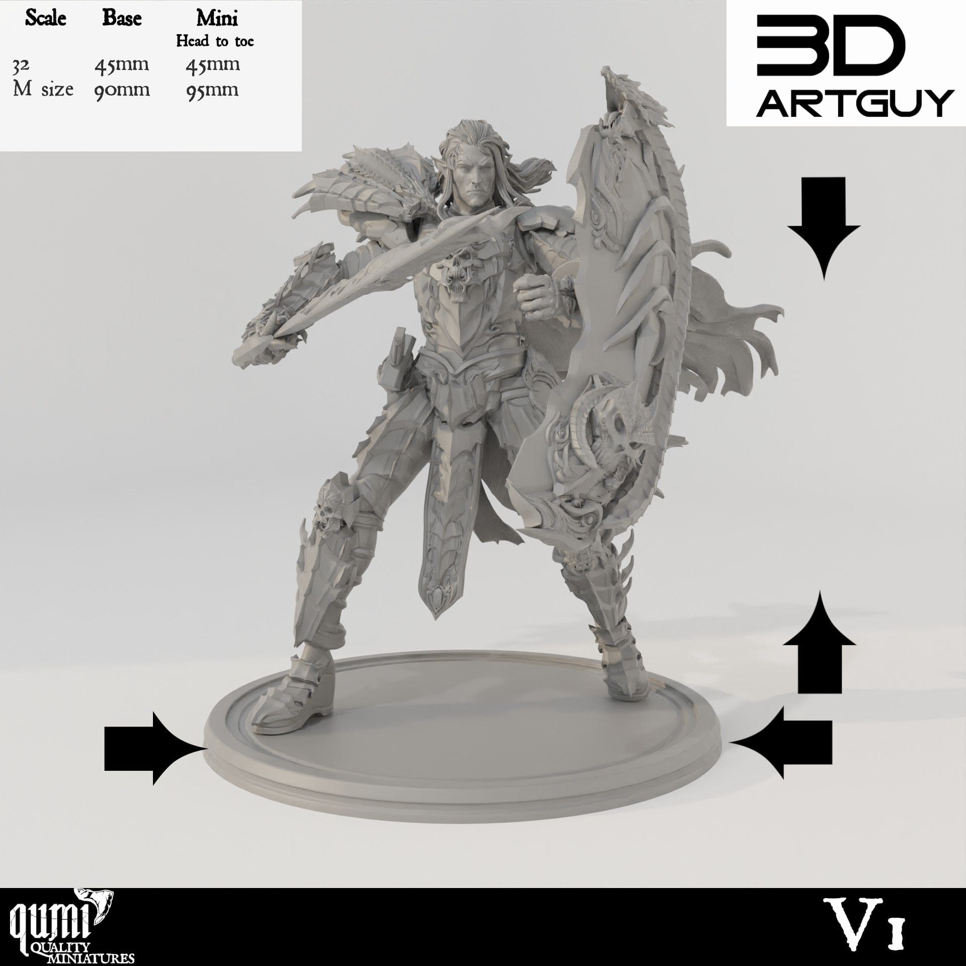 Tabletop RPG Miniature Dark Elf Warlord - 32mm Qumi - 3D ArtGuy Quality Miniatures - Qumi Wargaming Mini Model Figure