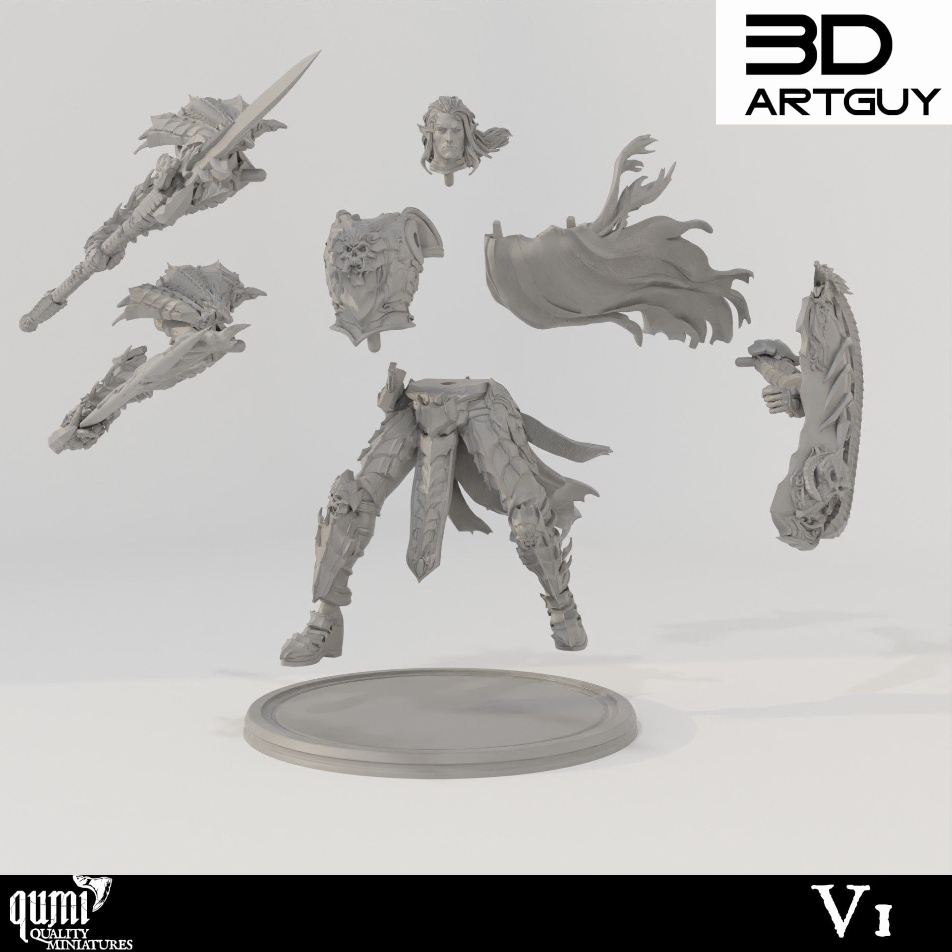 Tabletop RPG Miniature Dark Elf Warlord - 32mm Qumi - 3D ArtGuy Quality Miniatures - Qumi Wargaming Mini Model Figure