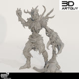 Gray resin render of a monstrous demon commander holding a heart with a large clawed hand above a fallen foe.