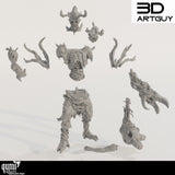 Disassembled parts of the 3D-printed Demon Commander resin figure for tabletop gaming