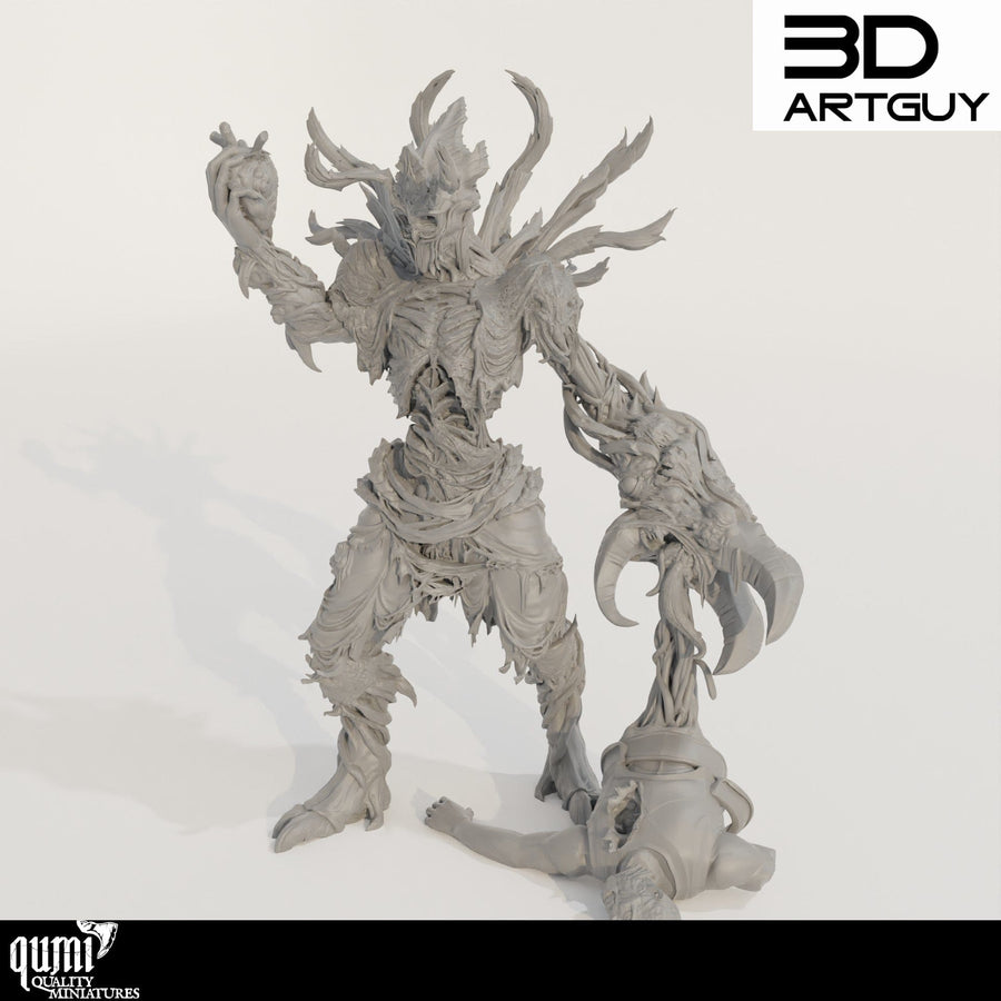 Resin 3D-printed Demon Commander miniature holding a heart with a fallen soldier base