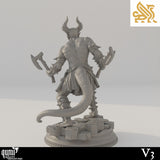 Back view of the dual-wielding demon fighter, showing muscular back detail, long tail, and two axes.