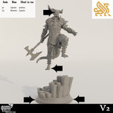 Scale diagram of the demon miniature showing head-to-toe and base dimensions with black arrows for clarity.