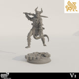 Side profile of the unpainted resin demon miniature floating above its stone floor base