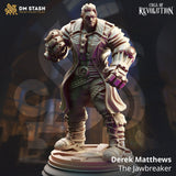 Vorderansicht der Derek the Jawbreaker Magier-Miniatur in Kampfpose mit mechanischen Handschuhen.