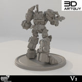 Rückansicht einer detaillierten Roboter-Miniatur aus grauem Kunstharz auf einem runden Sockel.