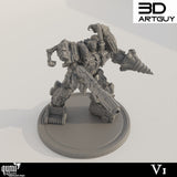 Seitenansicht der Mech-Figur mit Fokus auf die Details der schweren Bewaffnung.