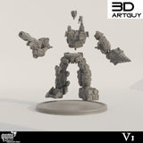 Explosionszeichnung der Mech-Miniatur mit Einzelteilen wie Torso, Beinen und Waffen.